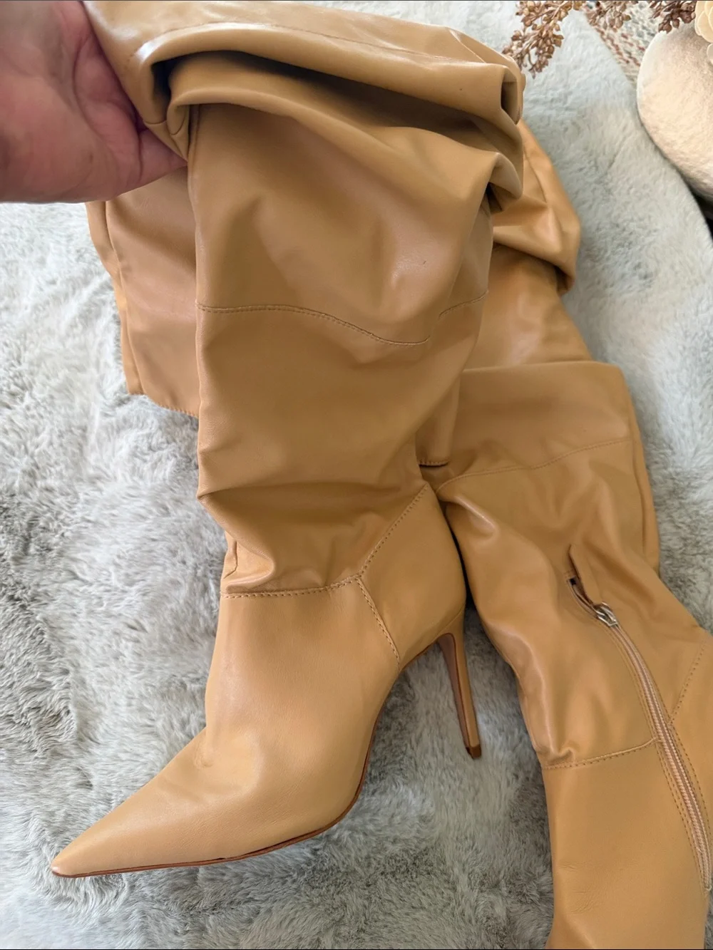 Women's Tan Stiletto Knee-High Boots- Slouchy
